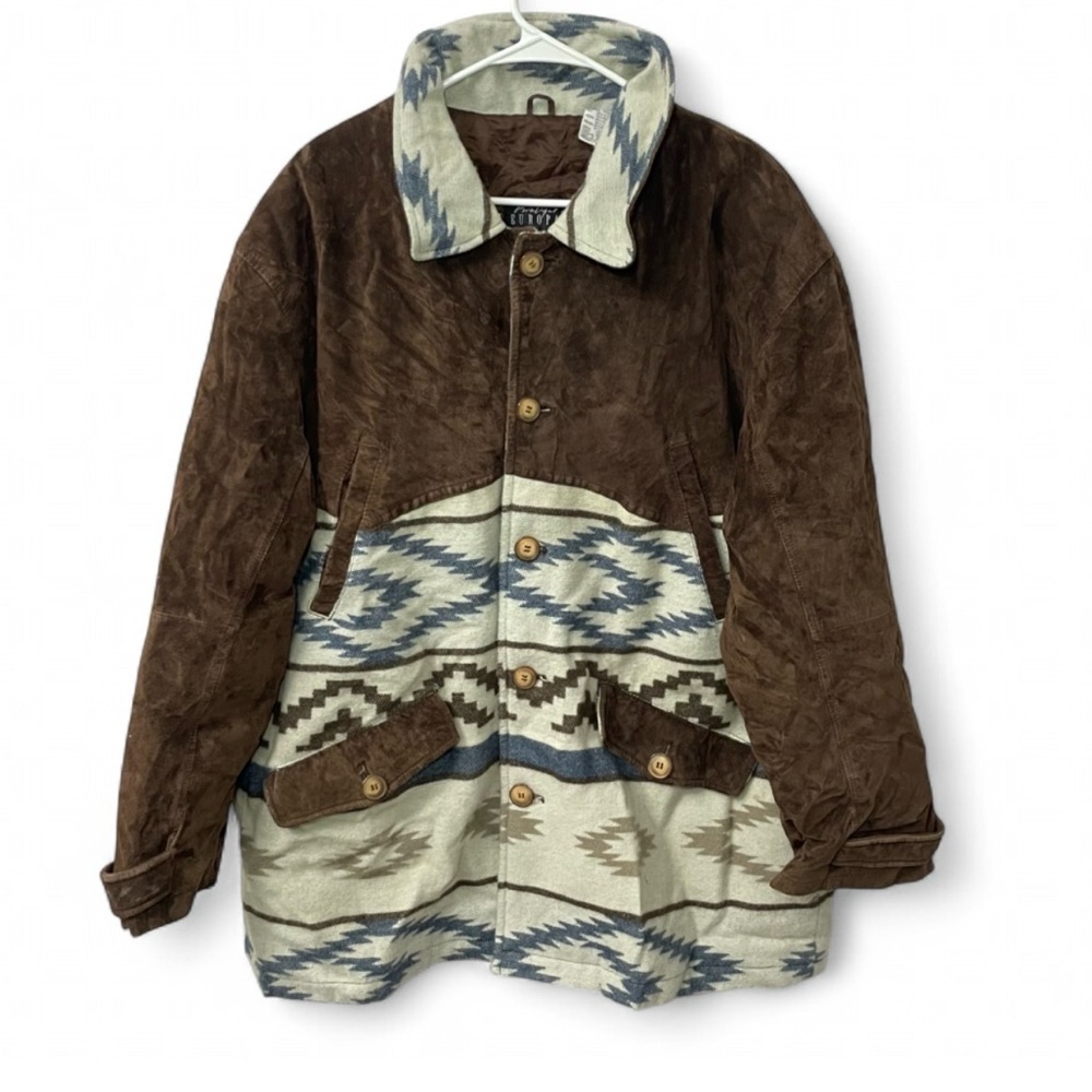 Vintage Boutique Europa Suede Leather Jacket Aztec Pattern Knit 80s–90s, Size XL